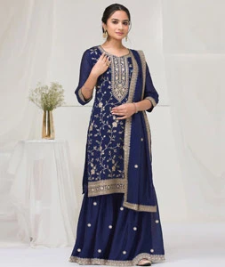 Navy Blue Silk Palazzo Suit 317185